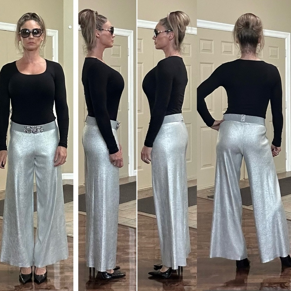 ZARA KNIT METALLIC FOIL SILVER WIDE LEG TROUSERS PANTS BNWT Sz M Bloggers Fave - Picture 5 of 17